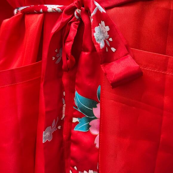 Vintage Red Satin Kimono Robe Embroidered Cranes Fans Floral Belted Long Gown - Picture 9 of 14